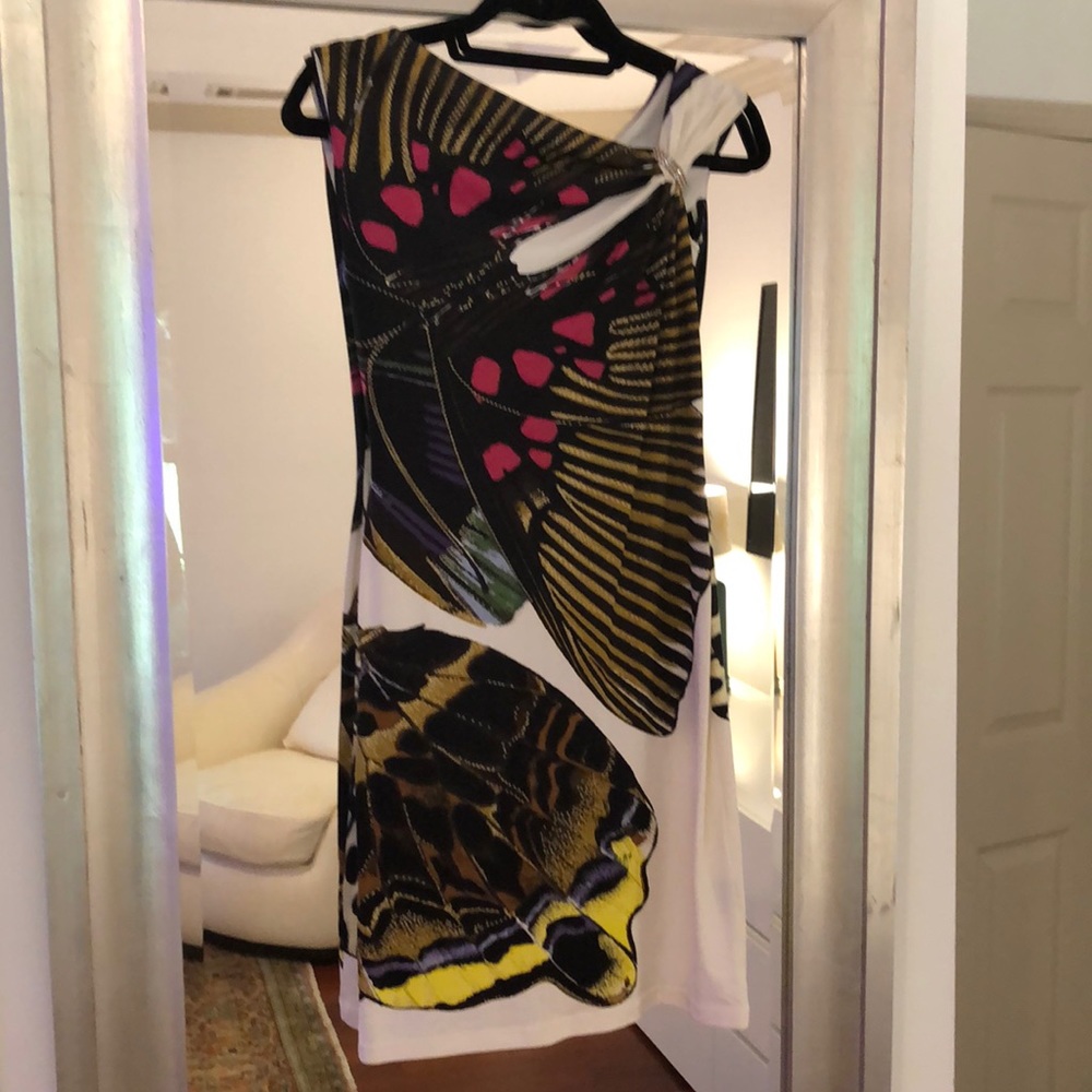 Roberto Cavalli butterfly pattern asymmetrical dress with shoulder metal decor